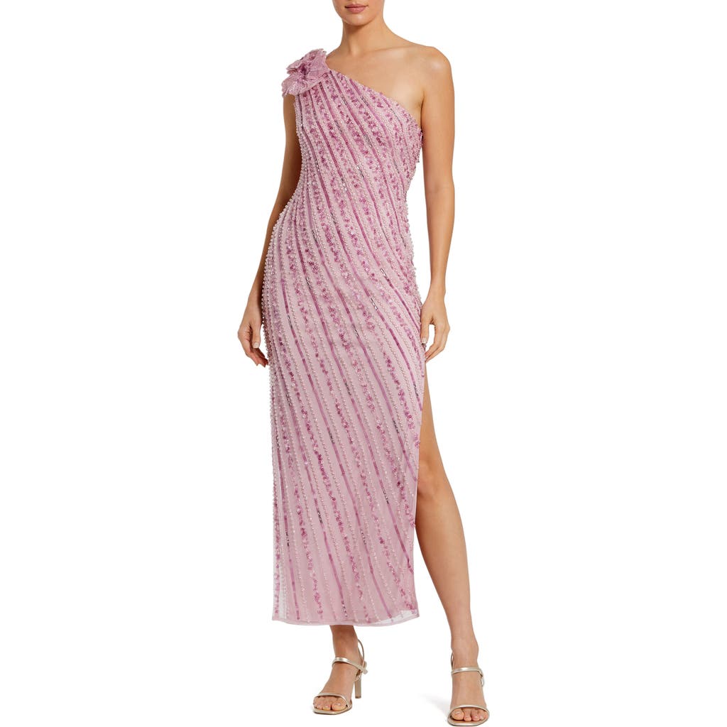 Mac Duggal 3d Flower Detail One Shoulder Beaded Mesh Gown In Orchid