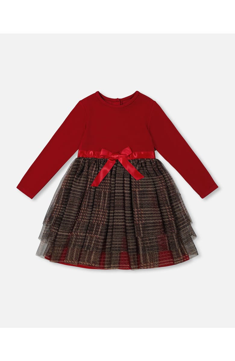 Deux par Deux Baby Girl's Bi-Material Dress With Glittering Tulle Skirt Red Plaid, Main, color, 