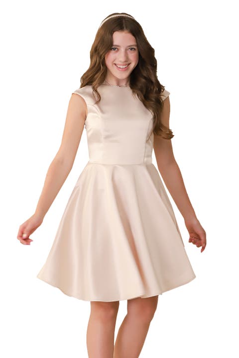 Cap Sleeve Boat Neck Dress In Longer Length (Big Kid)