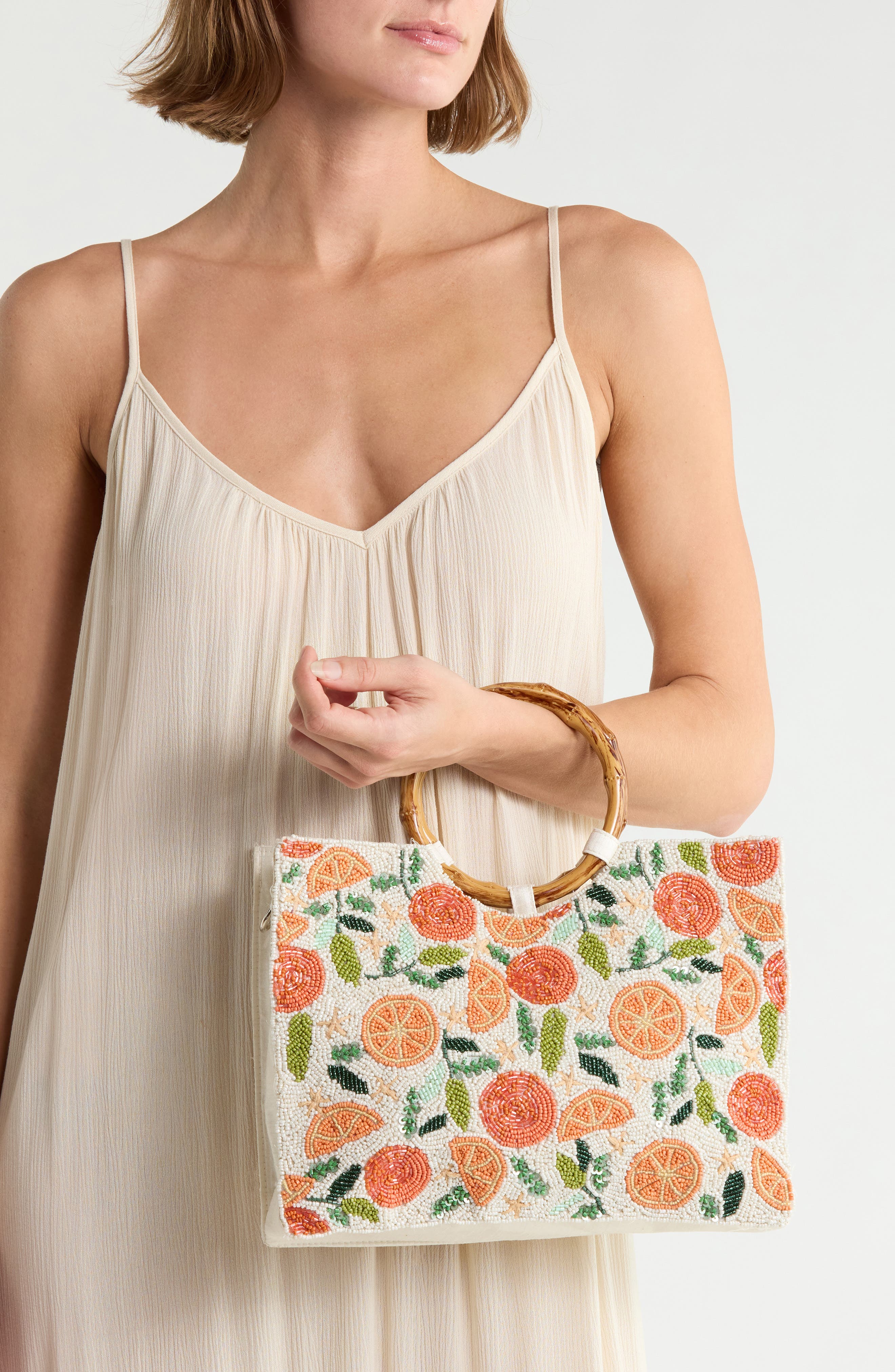 Beaded Bamboo Handle Tote, Alternate, color, ORANGE MULTI