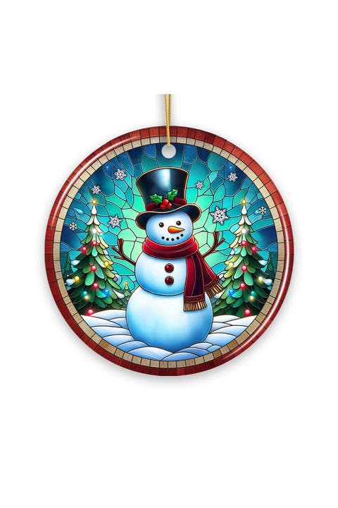 Top Hat Snowman Stained Glass Style Ceramic Ornament