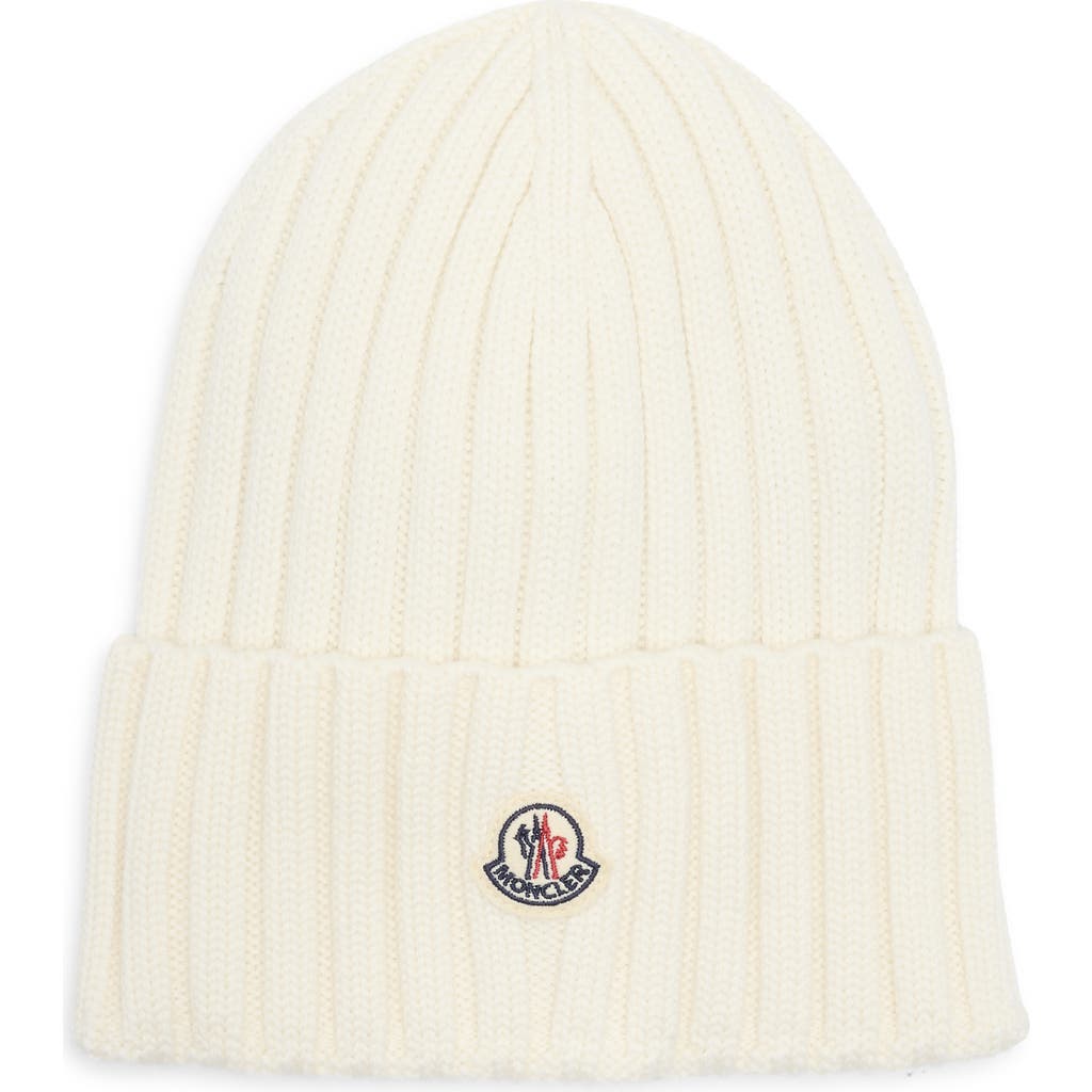 Moncler Logo Patch Rib Wool Beanie In White
