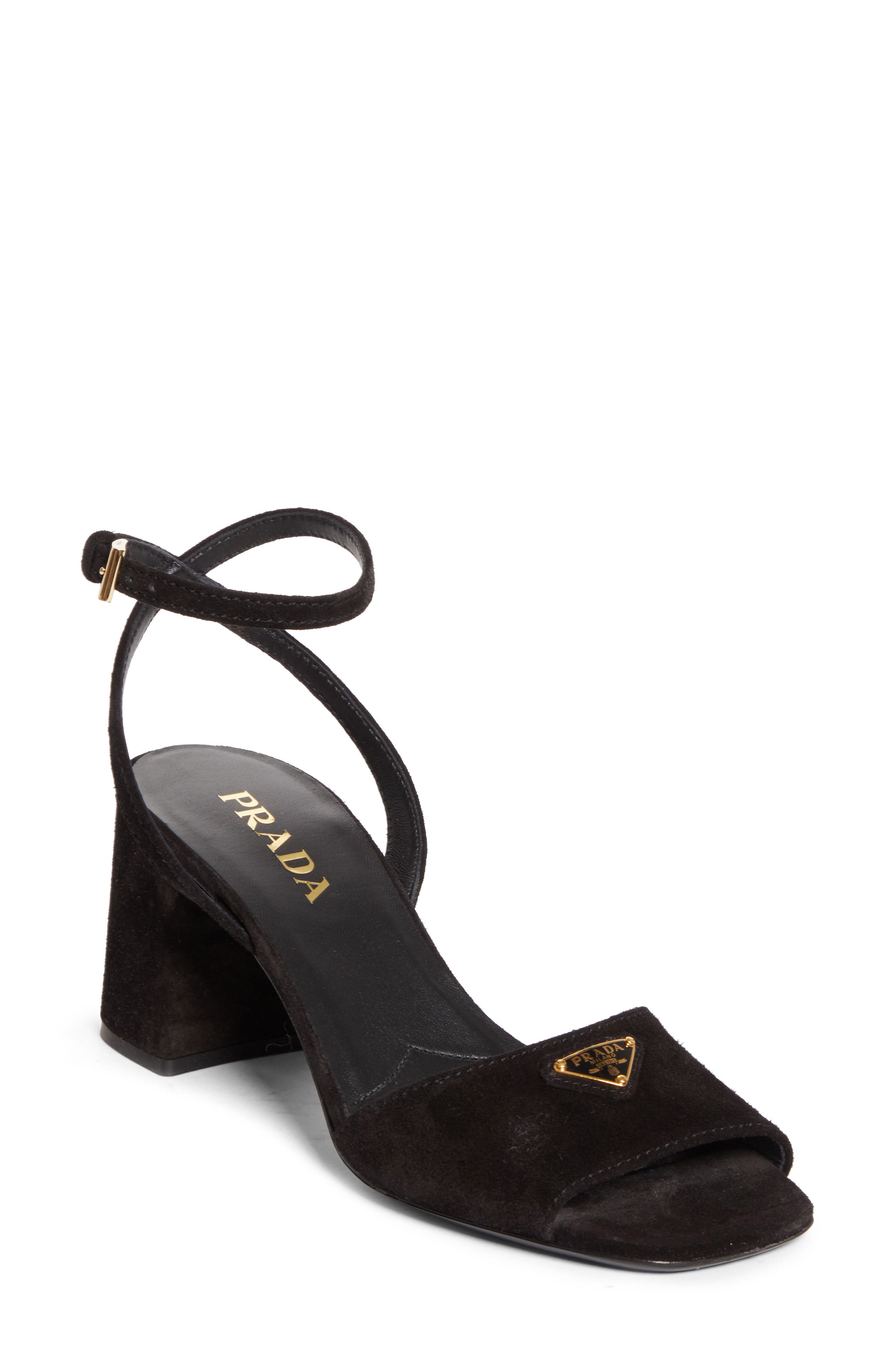 Prada Block Heel Ankle Strap Sandal, Main, color, Black