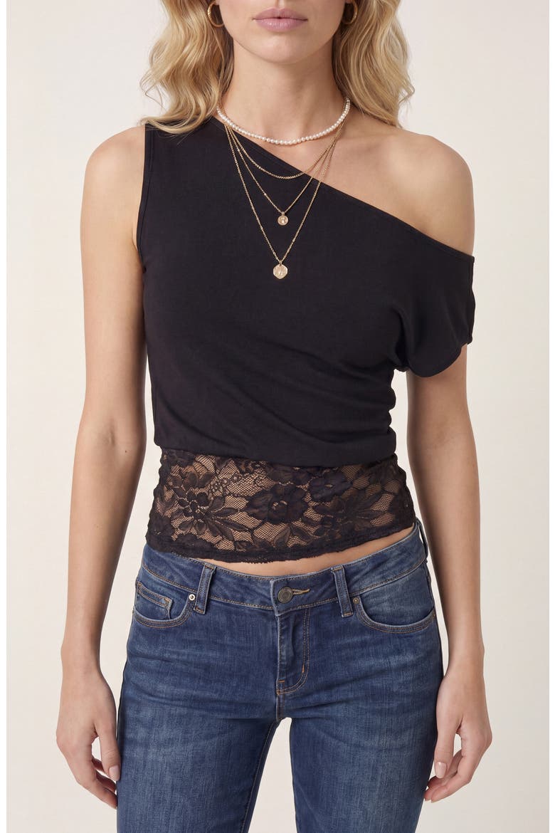 Asymmetric Off Shoulder Top with Lace Waist Panel, Main, color, Black
