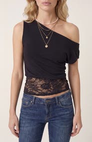 Modenaire Asymmetric Off Shoulder Top with Lace Waist Panel