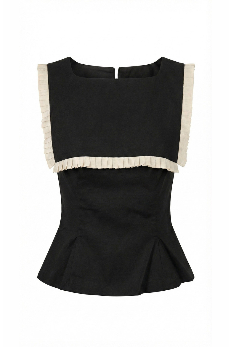 Contrast Bib Ruffle Trim Peplum Top, Alternate, color, Black / Cream