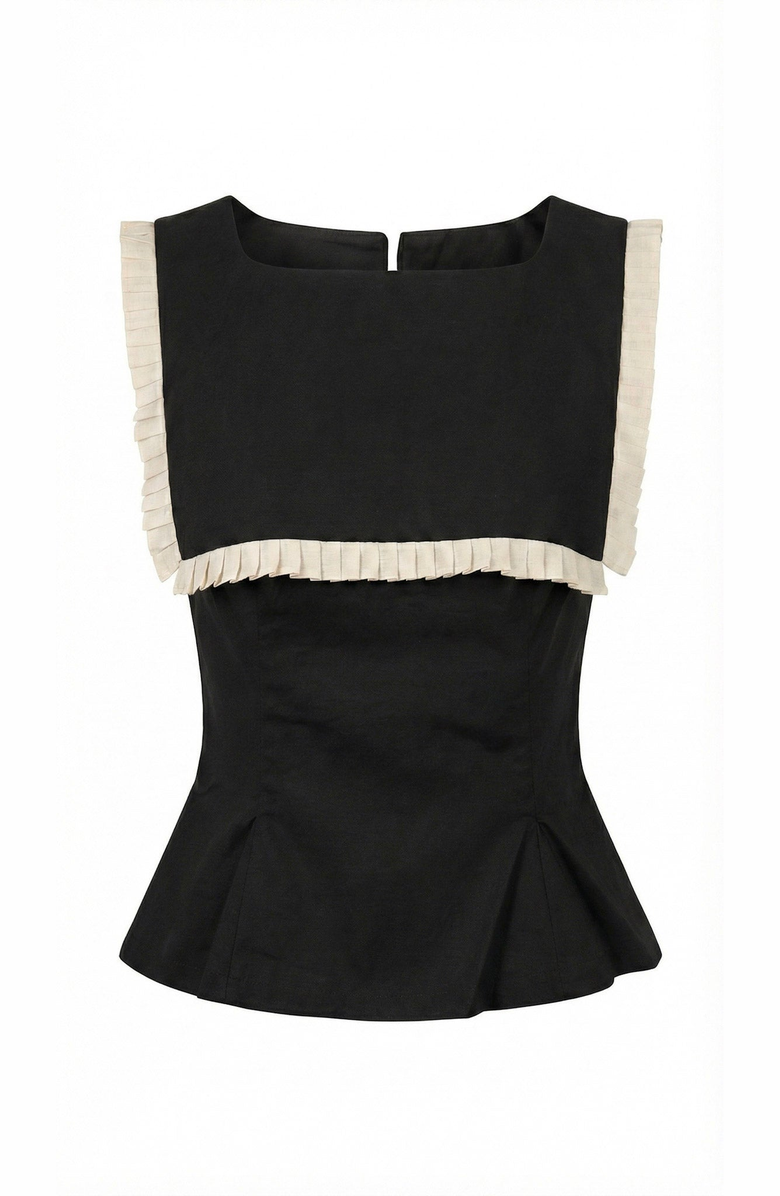 Modenaire Contrast Bib Ruffle Trim Peplum Top, Alternate, color, Black / Cream