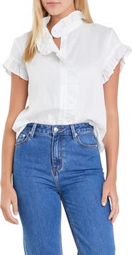 English Factory Ruffle Trim Linen Button-Up Shirt