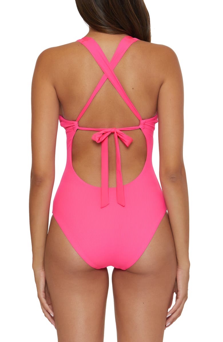 Becca Modern Edge Ribbed Lace-Up Plunge One-Piece Swimsuit, Alternate, color, Pink Glow