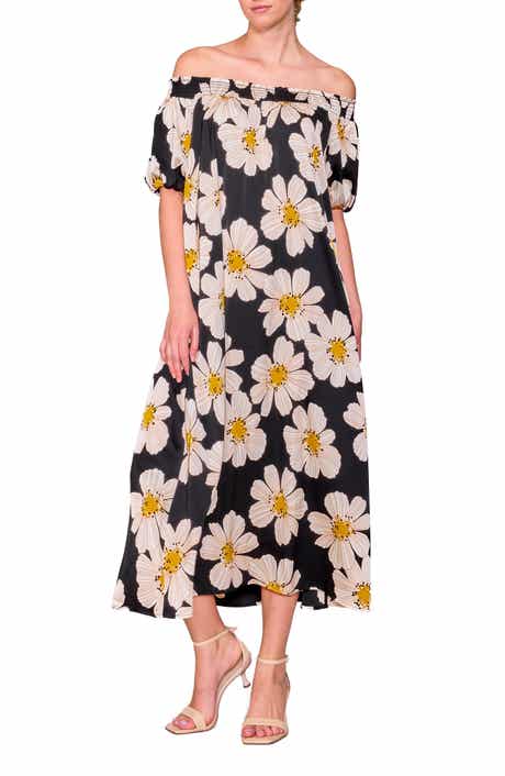 MELLODAY Floral Off the Shoulder Puff Sleeve Satin Dress