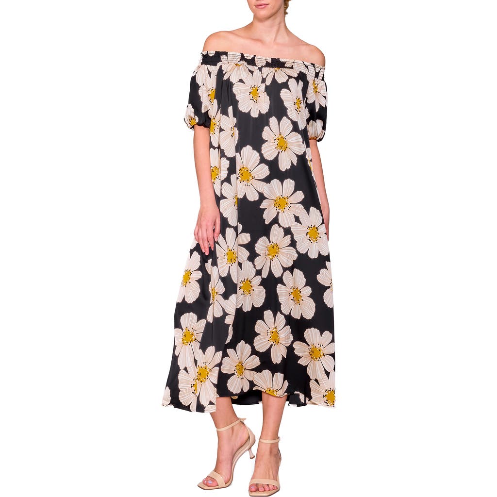 Melloday Floral Off The Shoulder Puff Sleeve Satin Dress In Black