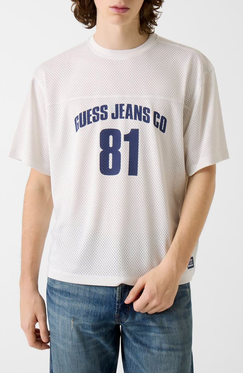 GUESS JEANS Boxy Crop Graphic Mesh Jersey, Main, color, White