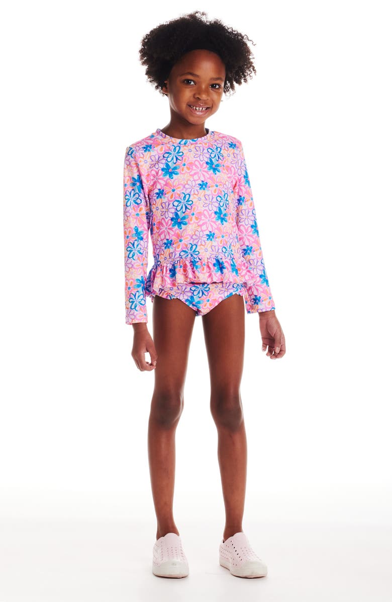 Andy & Evan Kids' Ruffle Long-Sleeve Rib Two-Piece Swimsuit, Alternate, color, Blue