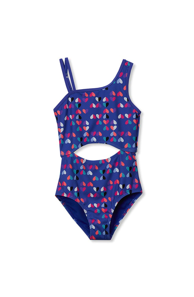 Lands' End Girls Chlorine Resistant Asymmetrical One Piece Swimsuit, Alternate, color, Hearts/Dazzling Blue