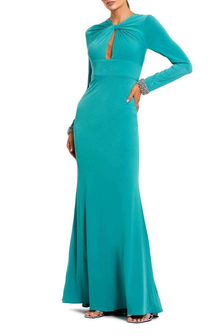Women's Jersey Long Sleeve Twist Neck Evening Gown, Main, color, Teal