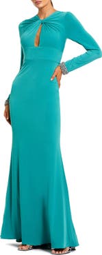 Mac Duggal Women's Jersey Long Sleeve Twist Neck Evening Gown