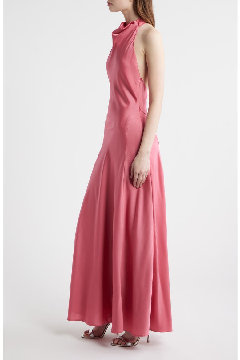 Sibella Cowl Halter Neck Satin Gown, Alternate, color, PUNCH