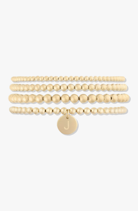 Classic Initial Coin 14k Gold Filled Bead Four Bracelet Stack