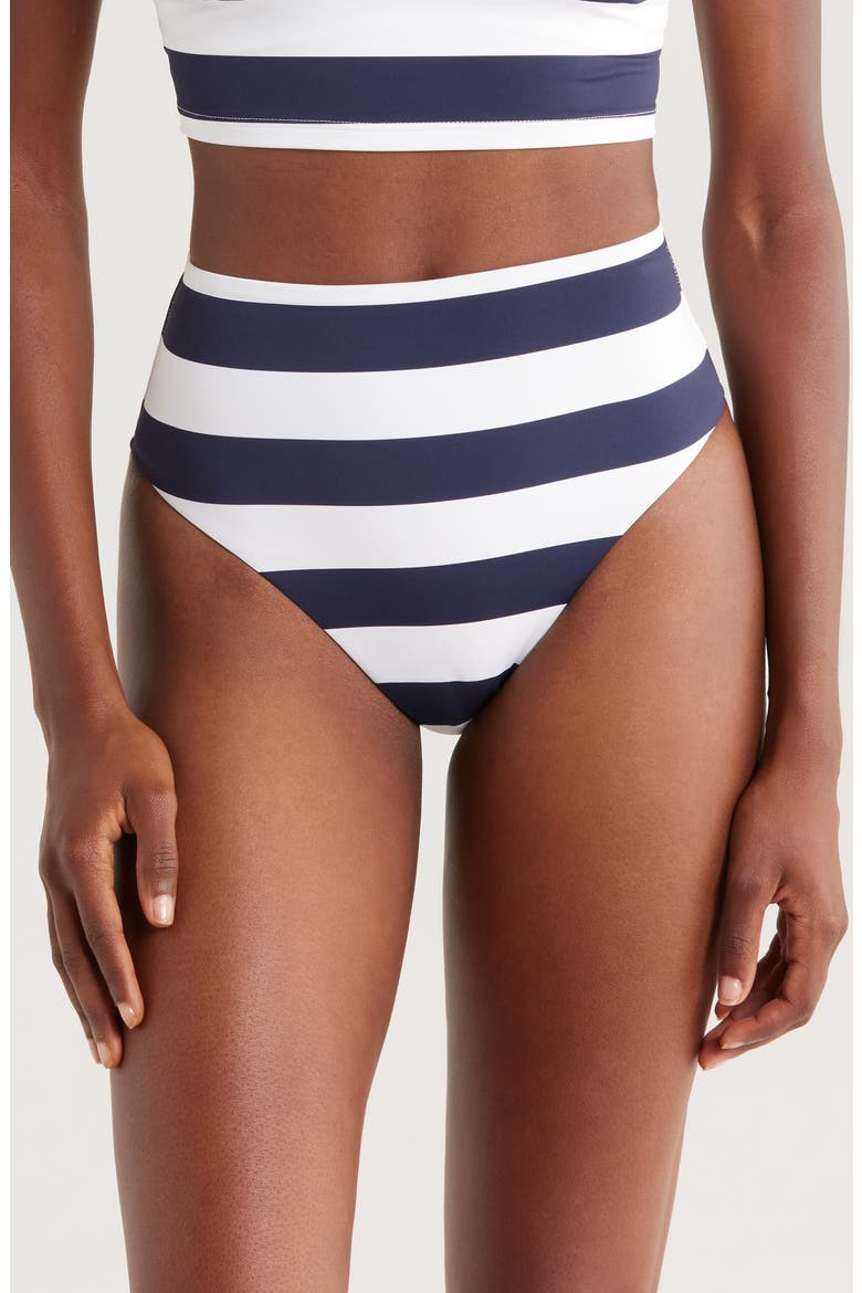 Poppy Stripe High Waist Bikini Bottoms, Main, color, NAVY STRIPE