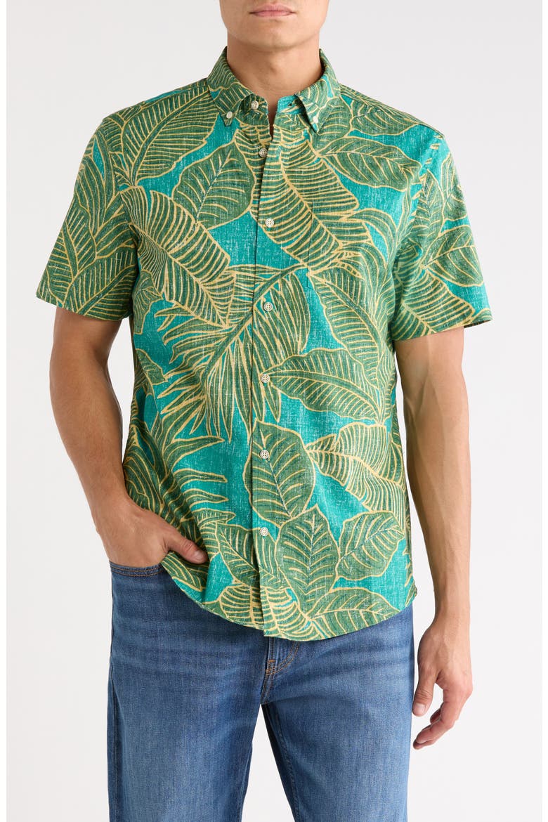 Forest Foliage Short Sleeve Cotton Blend Button-Down Shirt, Main, color, GREEN SEA