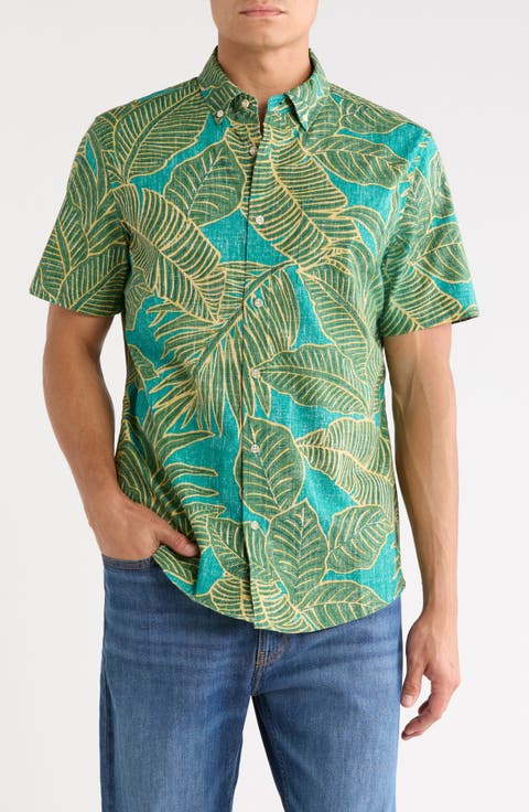 Forest Foliage Short Sleeve Cotton Blend Button-Down Shirt
