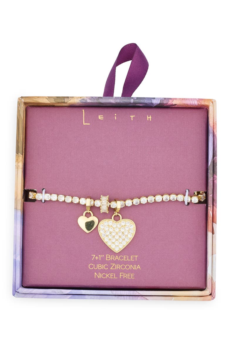 Cubic Zirconia Heart & Rondelle Charm Tennis Bracelet, Main, color, CLEAR- GOLD