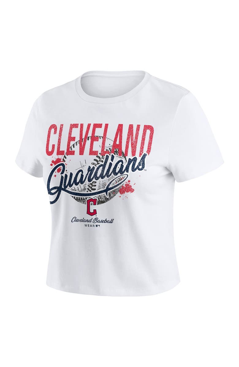 WEAR by Erin Andrews Women's WEAR by Erin Andrews  White Cleveland Guardians Distressed Cropped Baby T-Shirt, Alternate, color, 