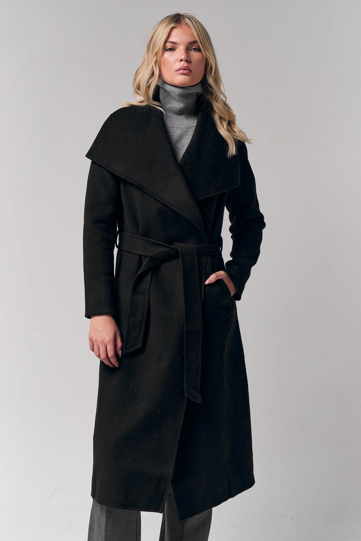 Le Fafo Draped Collar Wrap Coat in Black 