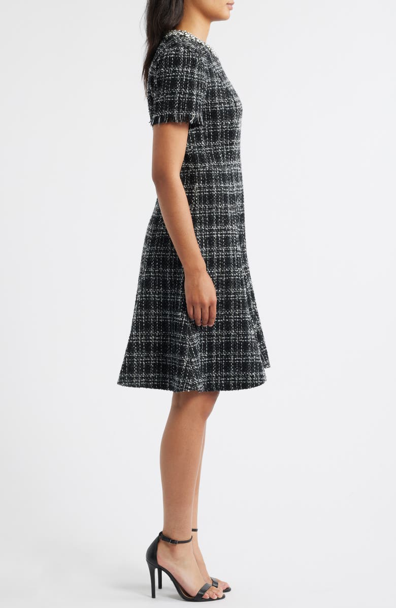 Eliza J Rhinestone Trim Fit & Flare Tweed Dress, Alternate, color, Black