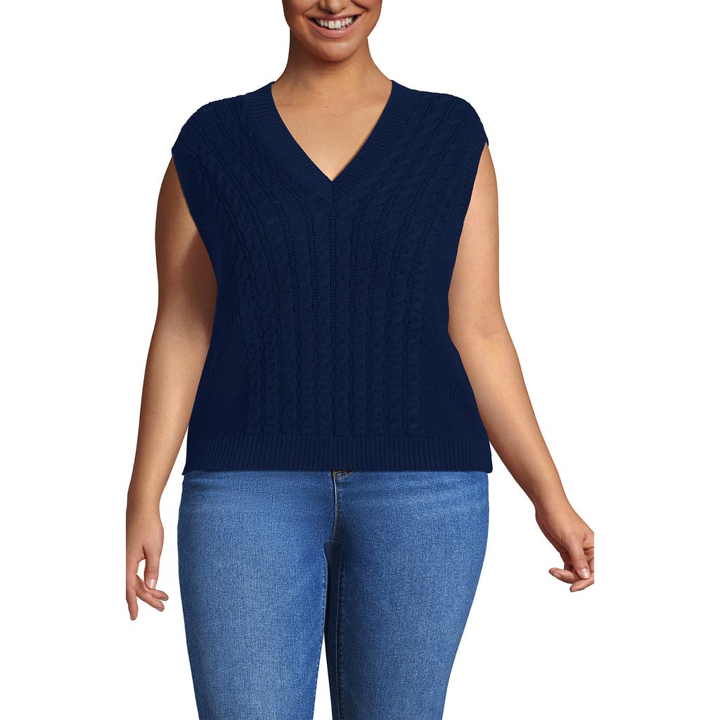 Lands' End Plus Size Drifter Modern Cable V Neck Vest Sweater In Blue
