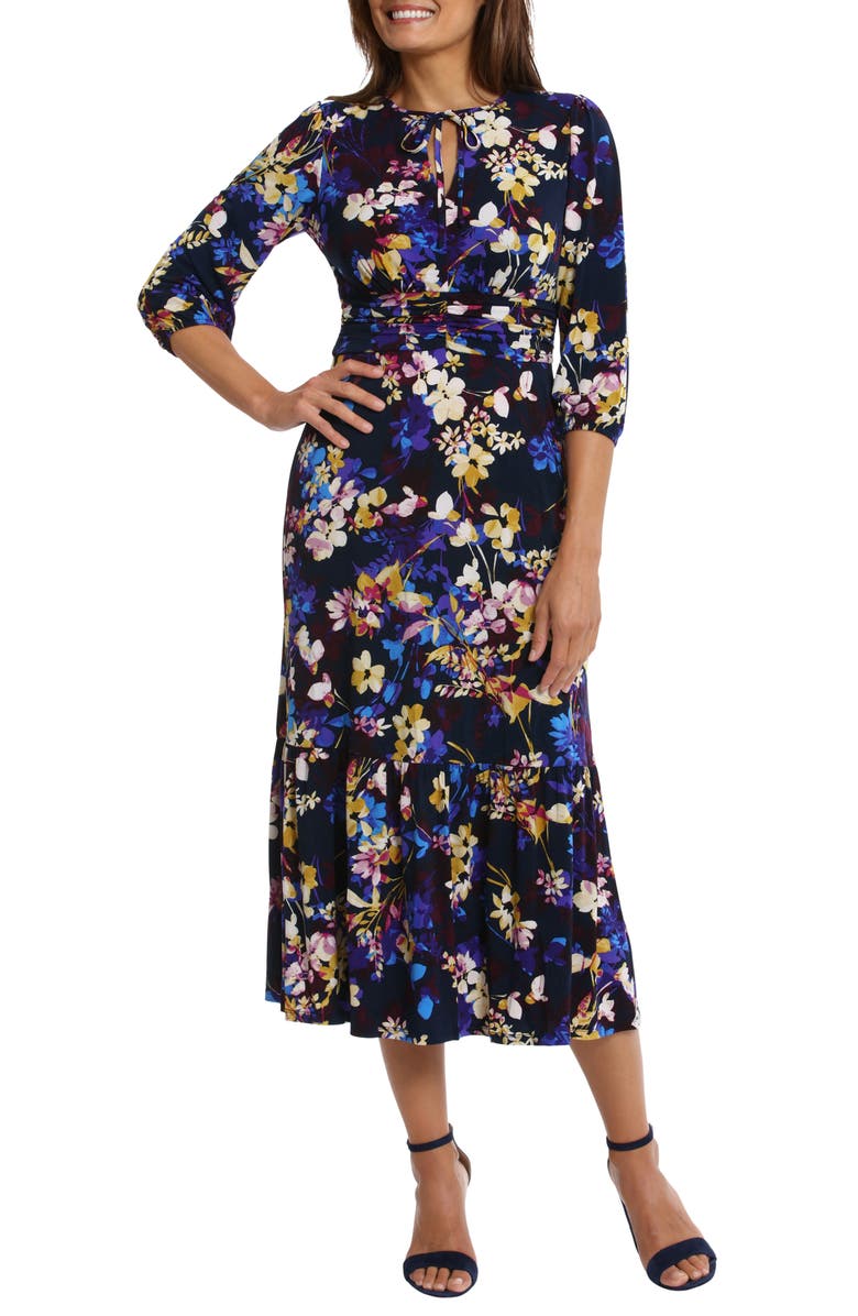 Maggy London Floral Print Tie Neck Ruffle Hem Midi Dress, Main, color, 