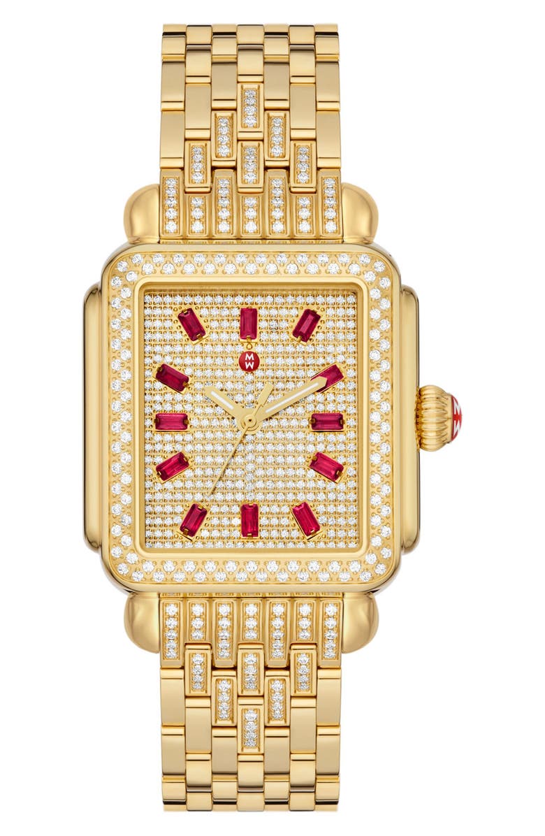 MICHELE Deco Diamond & Ruby Bracelet Watch, 33mm, Main, color, 