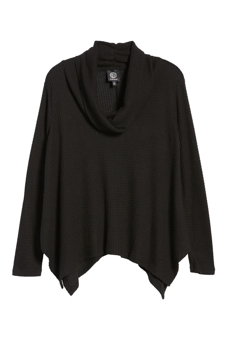 Cowl Neck Shark Bite Hem Waffle Knit Top, Alternate, color, BLACK