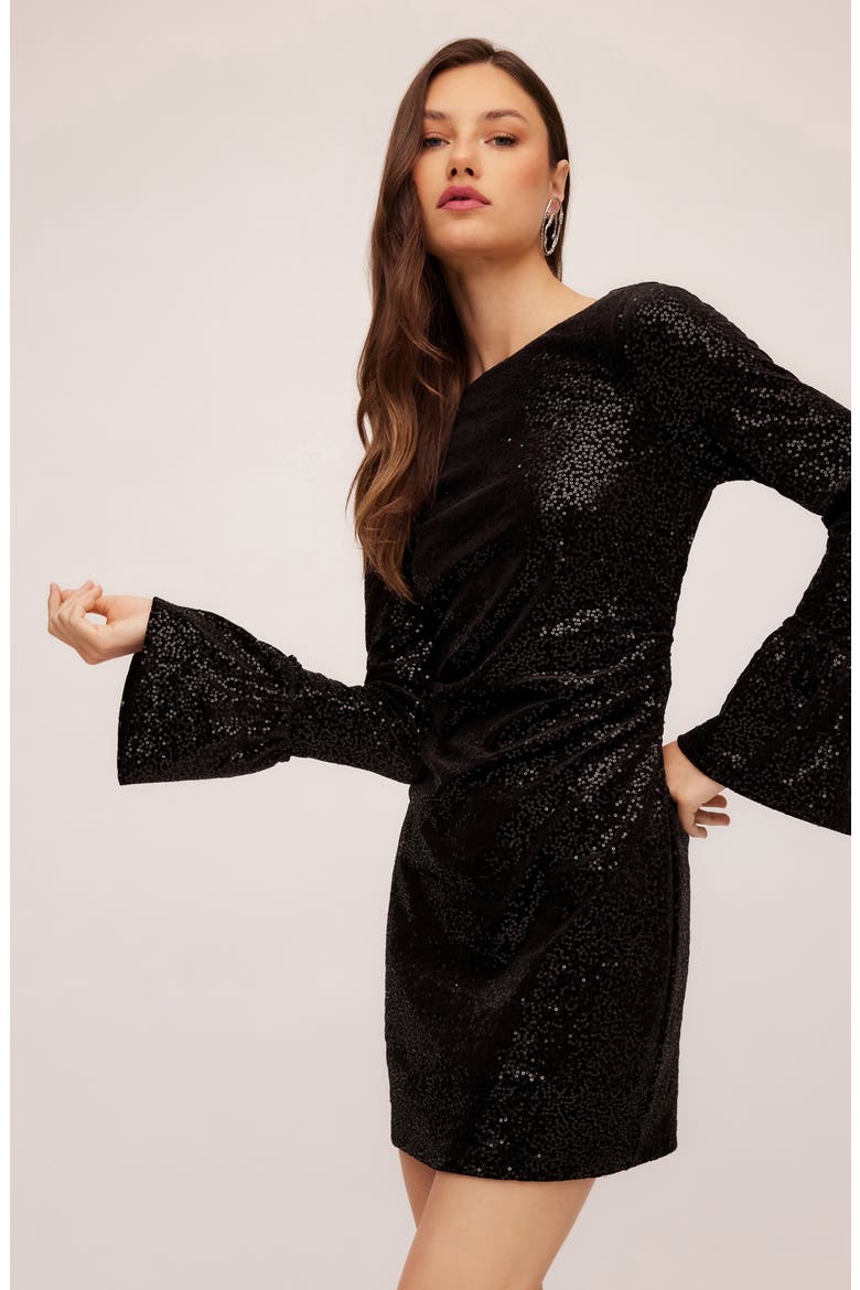 Laurel Sequin Bell Sleeve Velvet Minidress, Alternate, color, BLACK