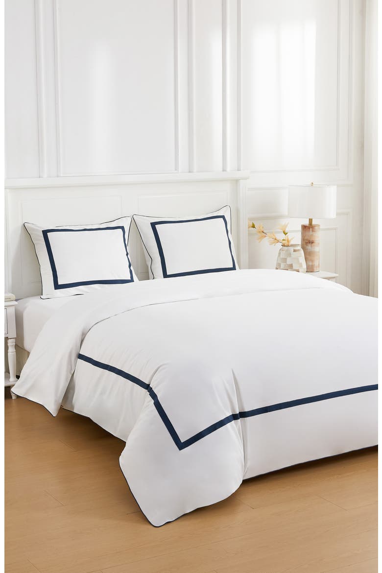 Classic Border Embroidered Duvet & Sham Set, Alternate, color, NAVY