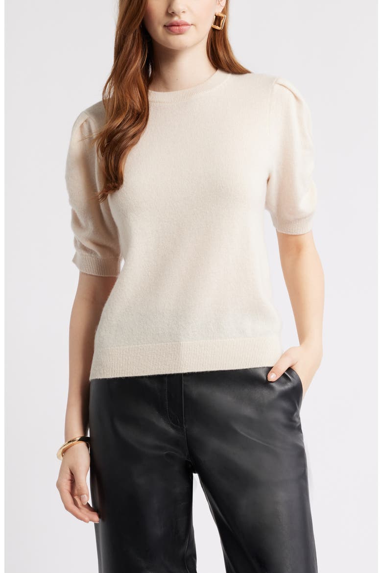 Ruched Short Sleeve Cashmere Sweater, Main, color, BEIGE BEACH