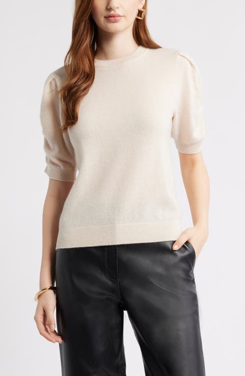 Ruched Short Sleeve Cashmere Sweater