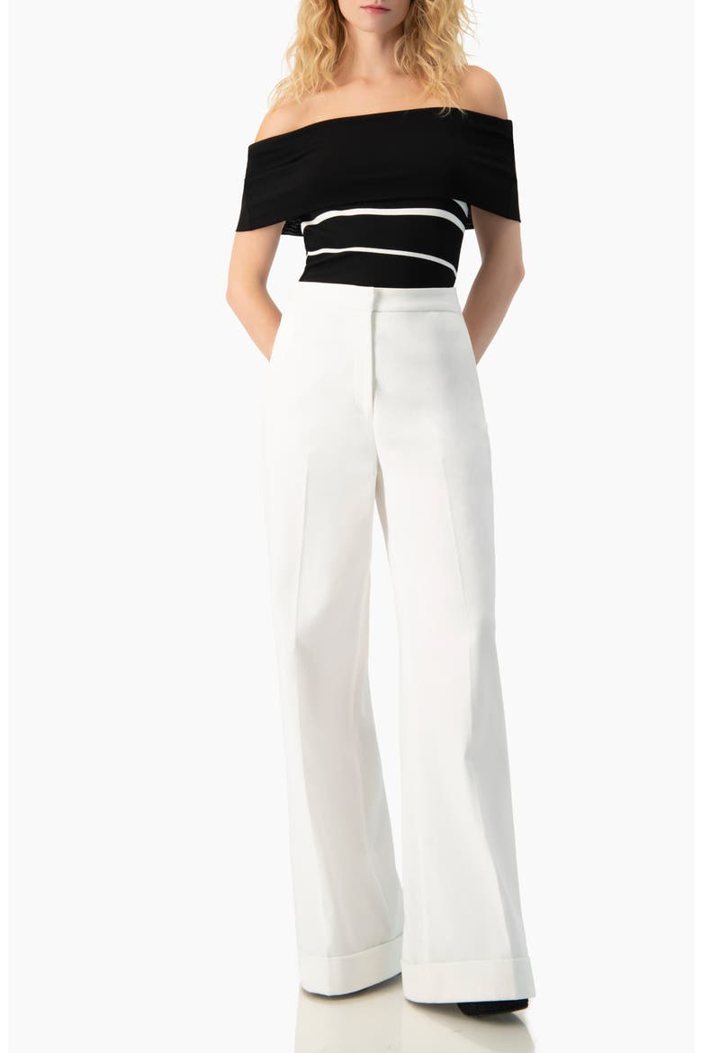 Bardot Stripe Off-Shoulder Short-Sleeve Knit Top, Alternate, color, Black