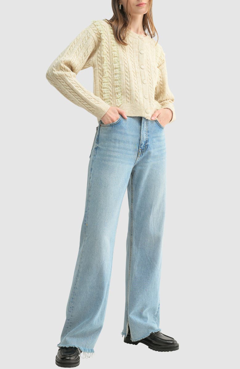 Lush Cable Knit Ruffle Cardigan, Alternate, color, Oatmeal