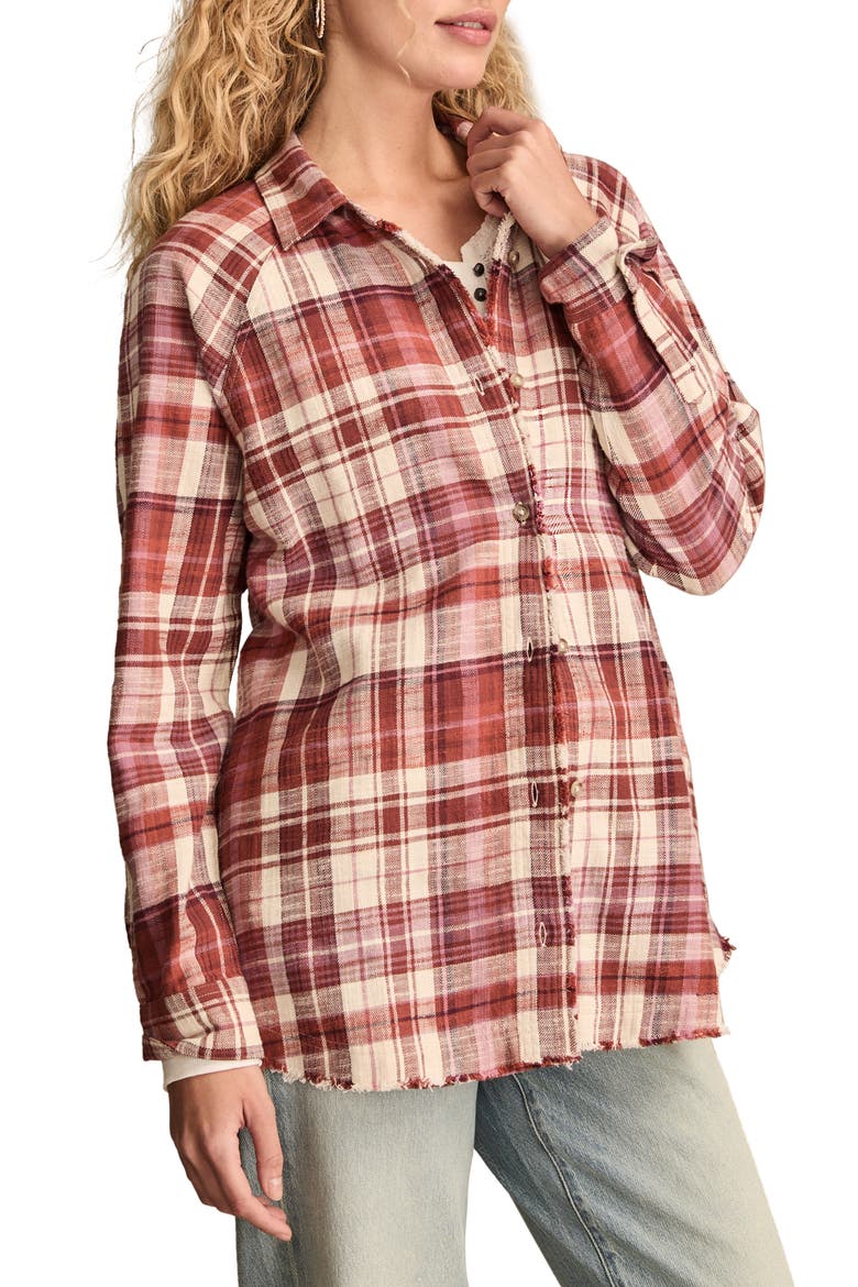 Frayed Plaid Button-Up Tunic Shirt, Alternate, color, BURGUNDY PLAID