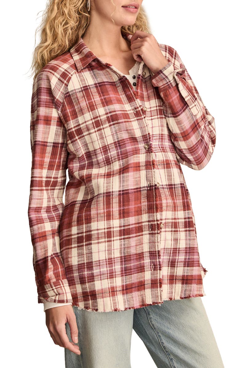 Lucky Brand Frayed Plaid Button-Up Tunic Shirt, Alternate, color, Burgundy Plaid