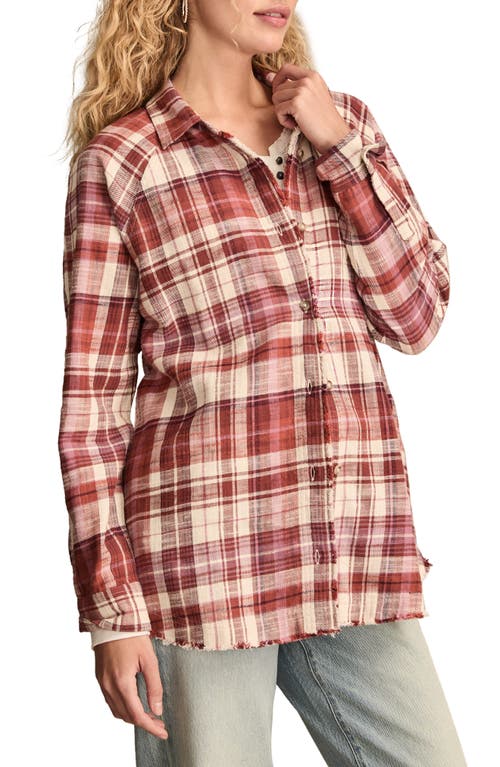 Lucky Brand Frayed Plaid Button-up Tunic Shirt In Red