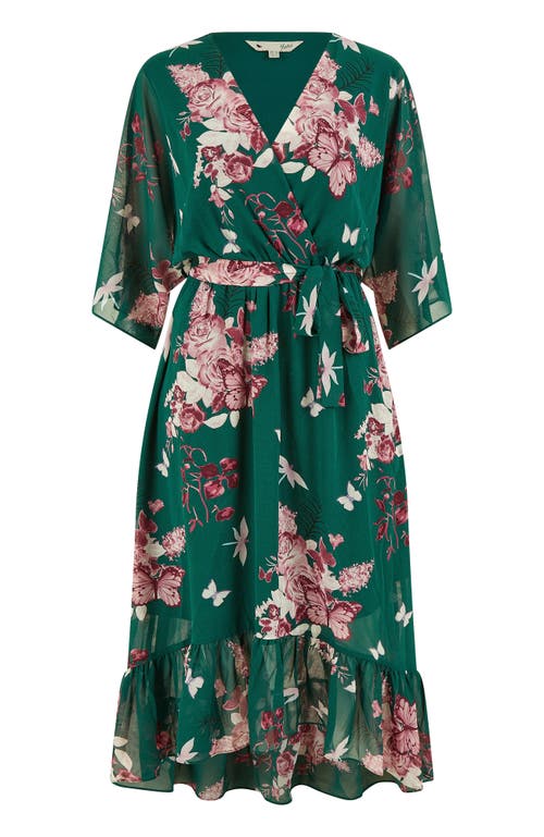 Yumi Floral Kimono Dipped Hem Dress In Green