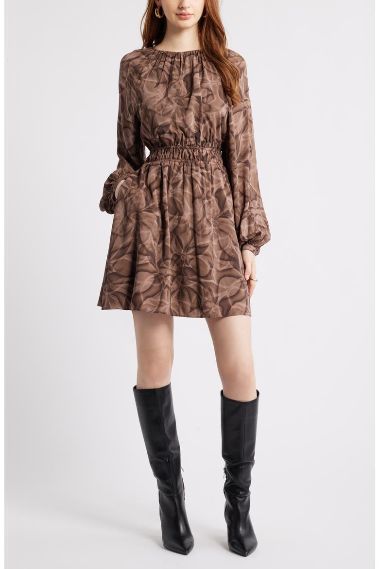 Shirred Waist Long Sleeve Minidress, Main, color, BROWN- TAN GLOWING LEAVES