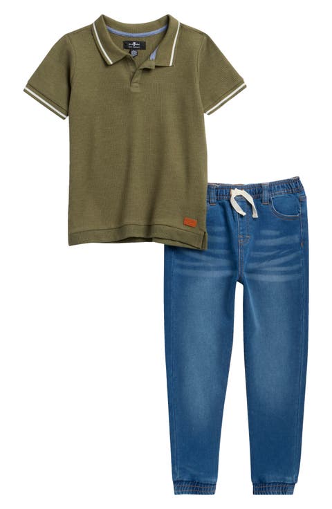 Kids' Waffle Knit Polo & Jeans Set