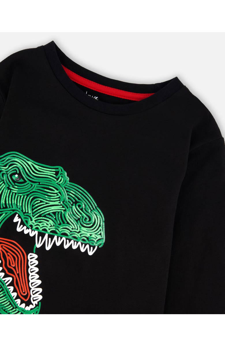 Deux par Deux Long Sleeve Jersey Tee Shirt with Dinosaur, Alternate, color, Black