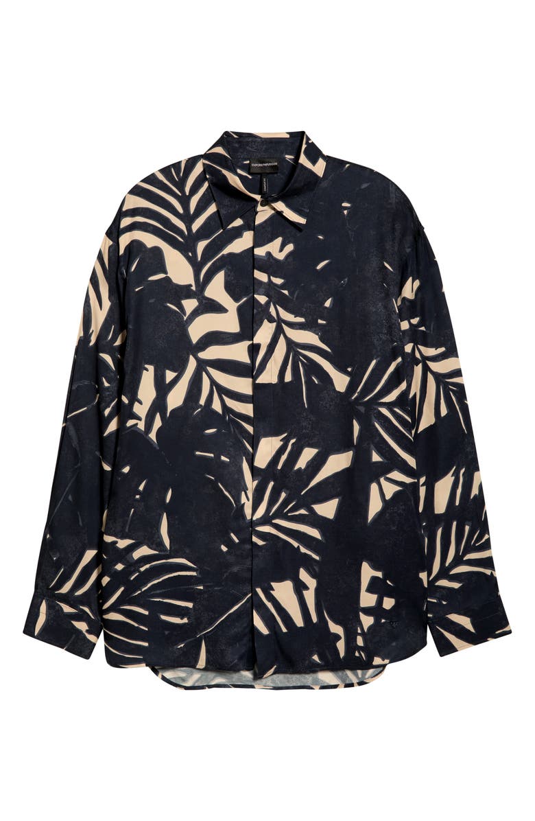 Emporio Armani Palm Print Long Sleeve Button-Up Shirt, Alternate, color, Navy