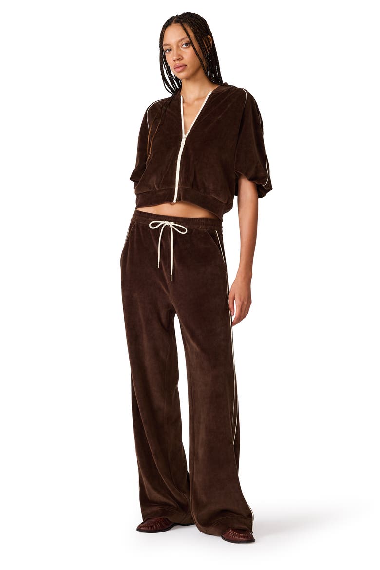 Velour Wide Leg Track Pants, Alternate, color, DARK ESPRESSO