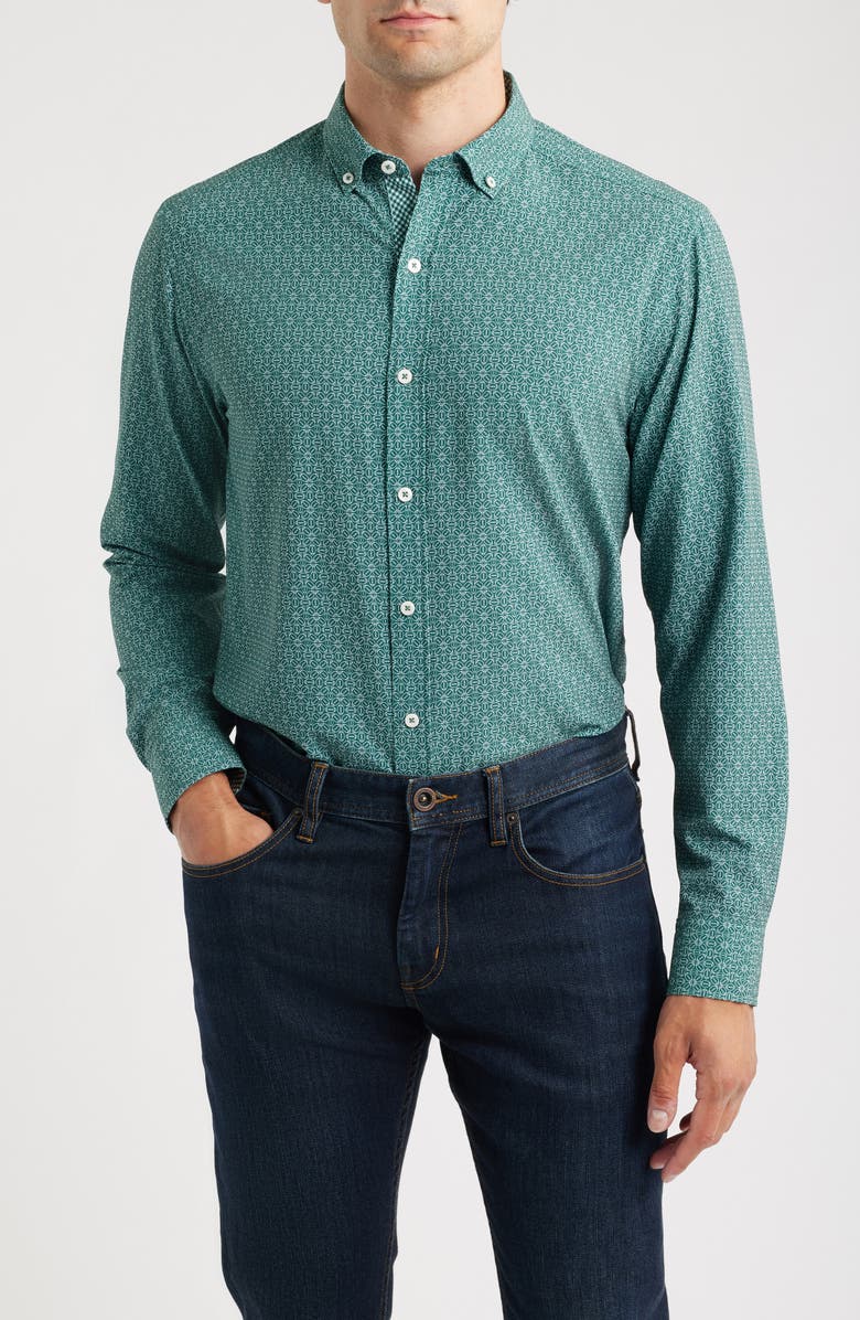 Johnston & Murphy XC+<sup>™</sup> Football Print Performance Button-Down Shirt, Main, color, Green