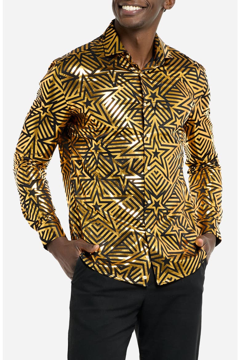 Golden Geo Star Modern Tailored Fit Button-Up Shirt, Alternate, color, BLACK